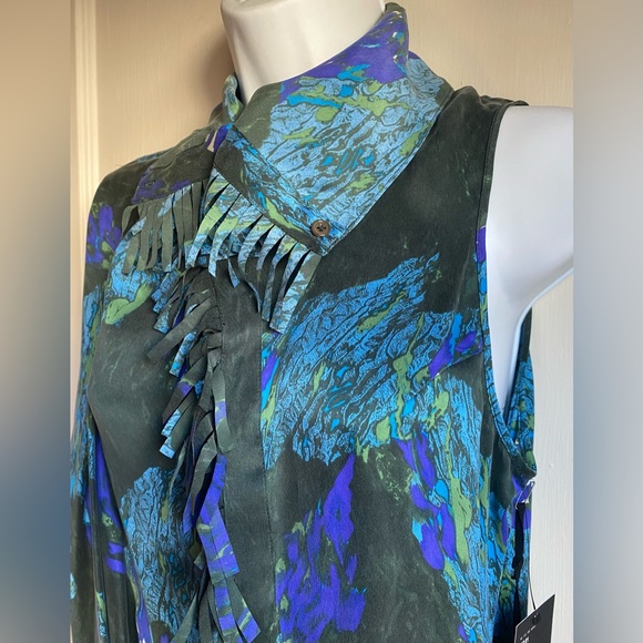 EDUN Tops - EDUN silk peacock print draped fringed top size medium new with tags abstract